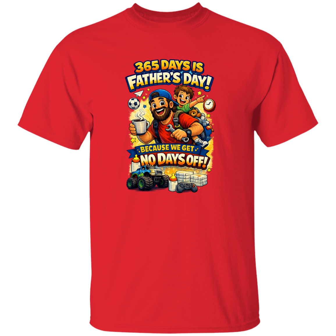 Red t-shirt with Father's Day graphic featuring cartoon characters and text on a white background