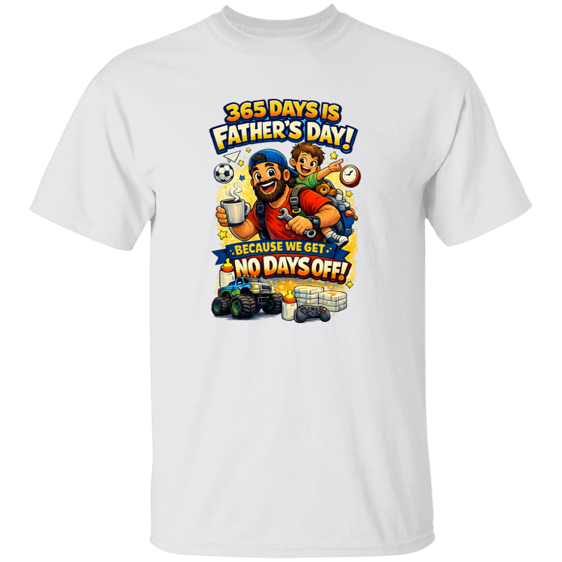 White t-shirt with Father's Day graphic featuring cartoon characters and text on a white background