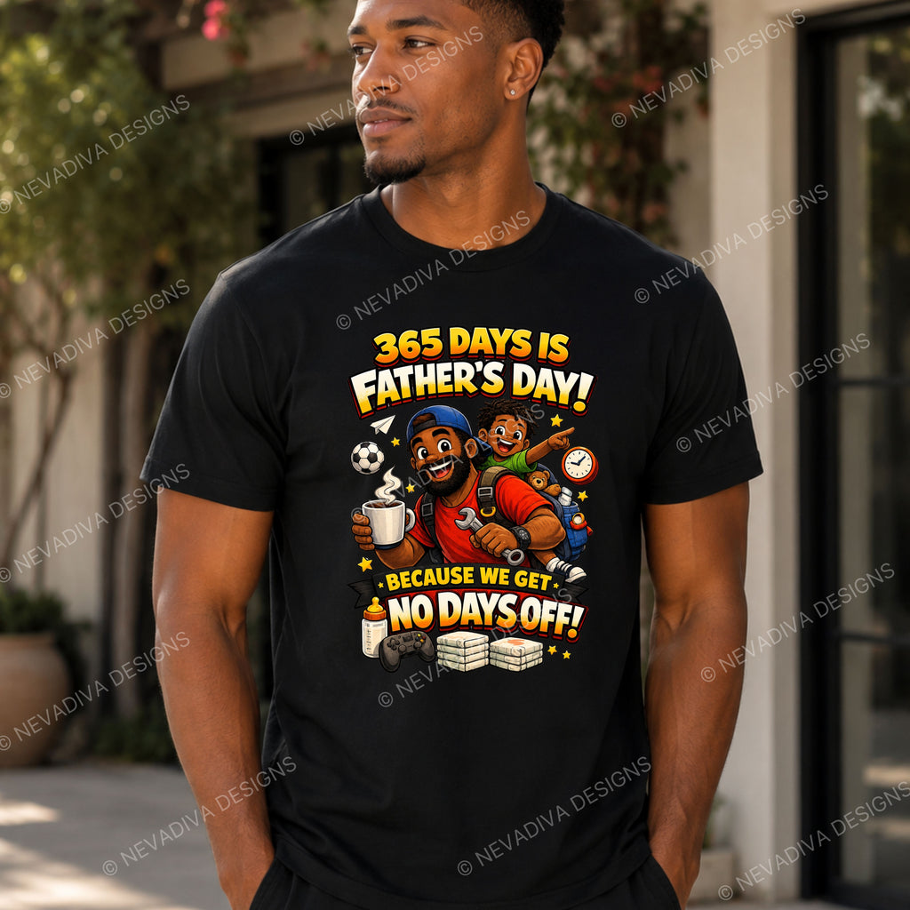 Man wearing a black t-shirt with a Father's Day graphic design.