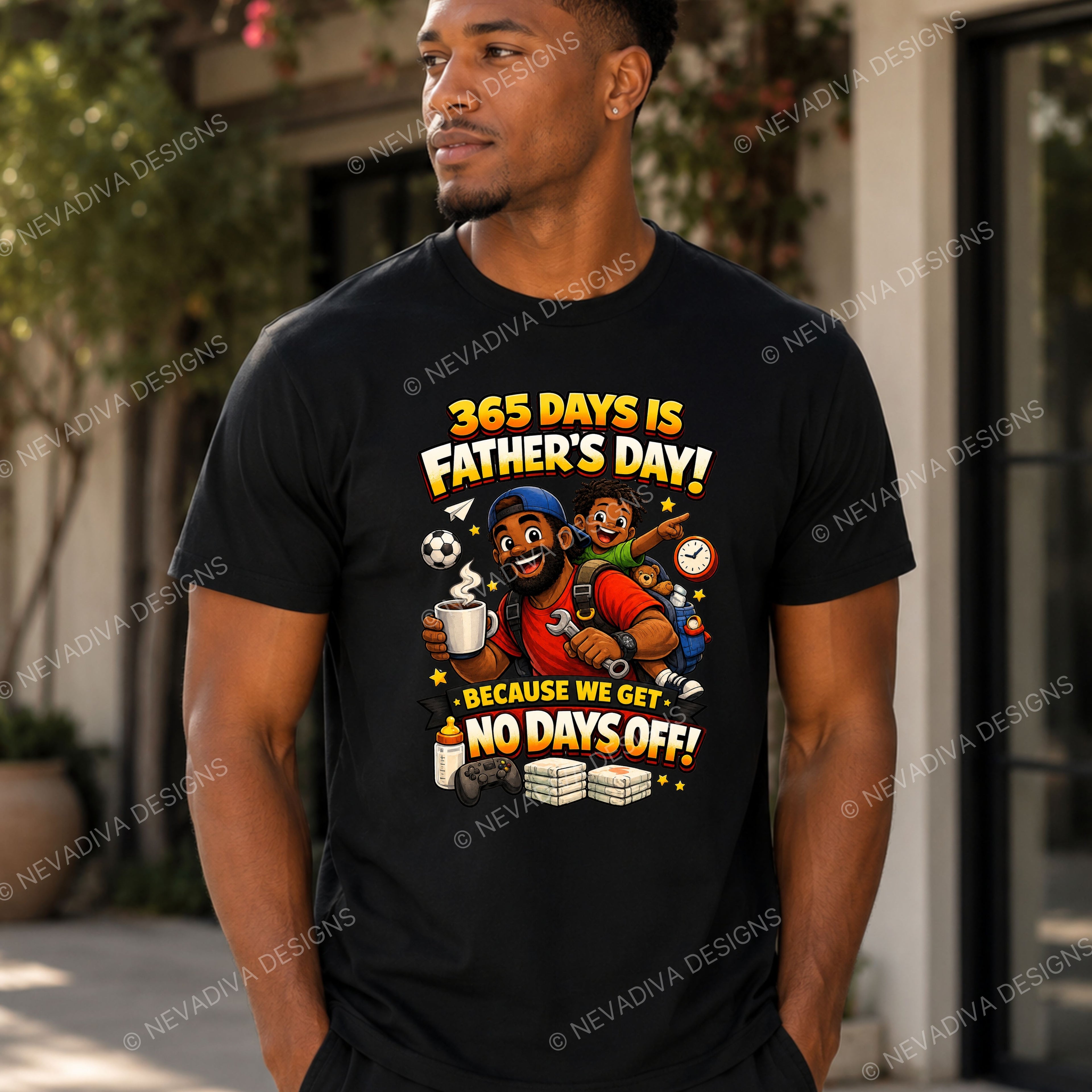 Man wearing a black t-shirt with a Father's Day graphic design.