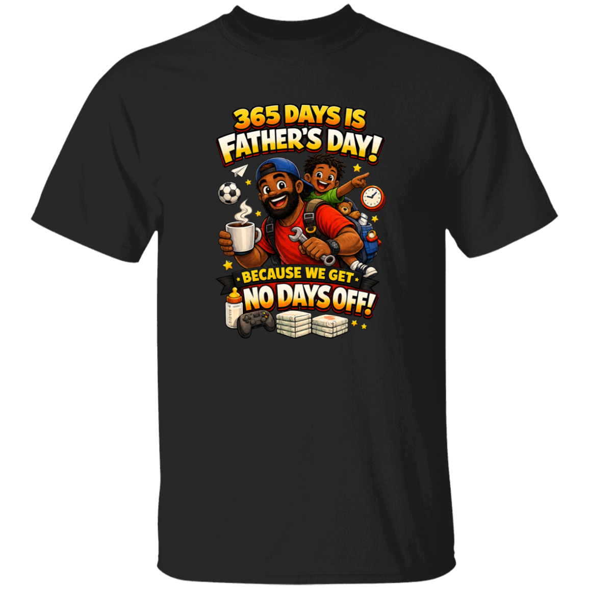 Black t-shirt with colorful graphic and text about Father's Day on a white background