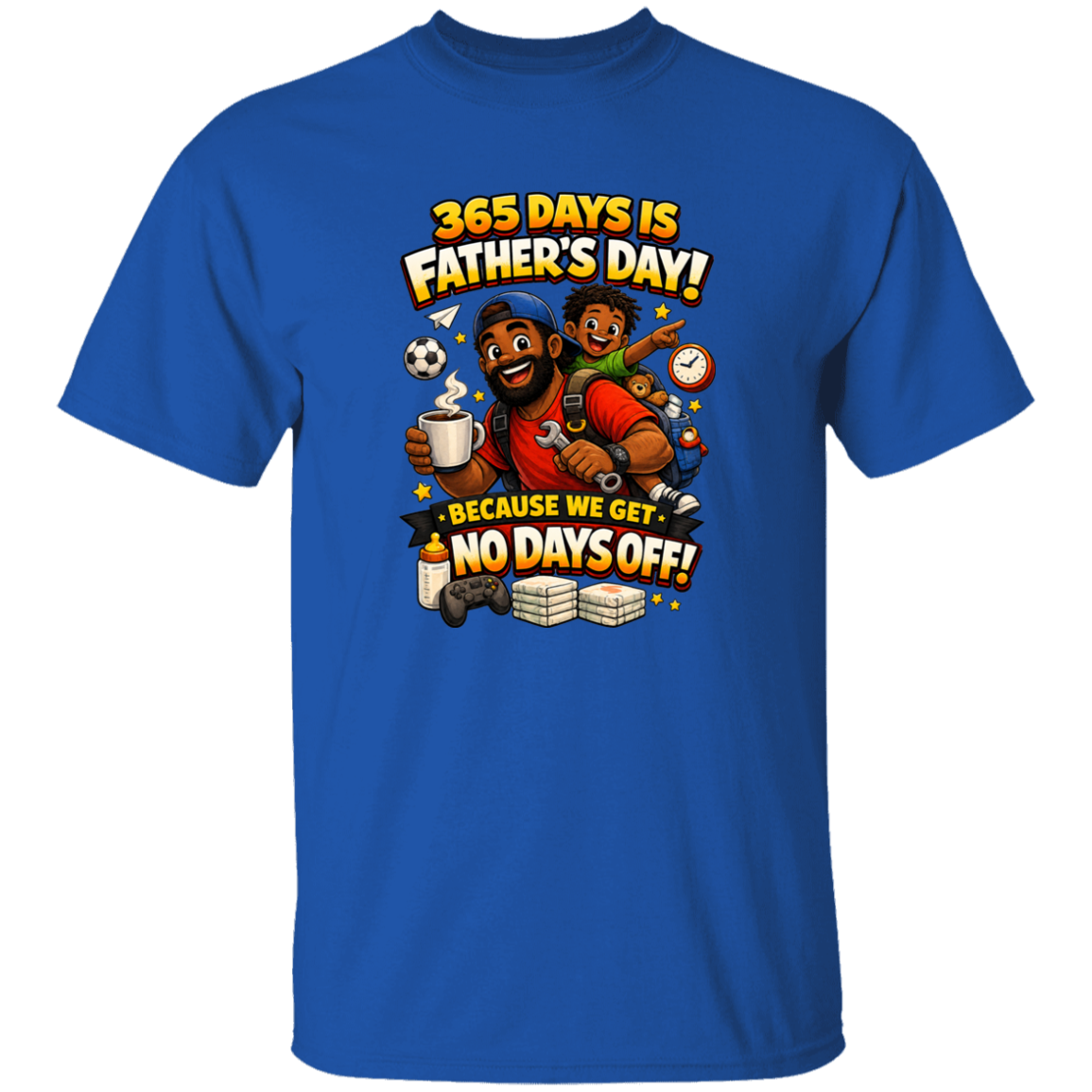 Blue t-shirt with Father's Day graphic and text on a white background