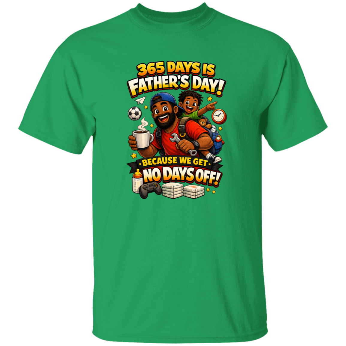 Green t-shirt with Father's Day graphic and text on a white background