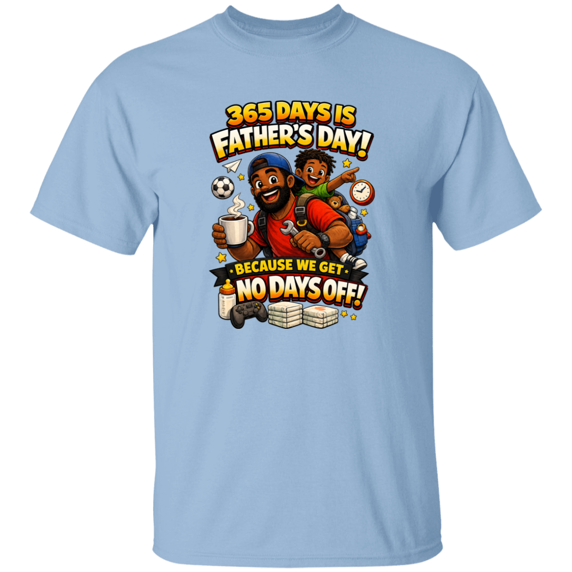 Light blue t-shirt with Father's Day graphic and text on a white background