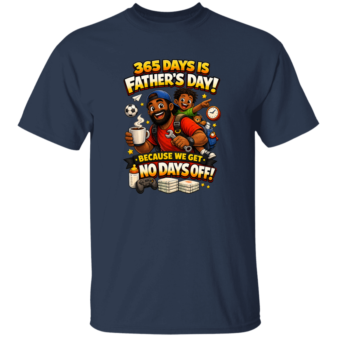 Navy blue t-shirt with Father's Day graphic and text on a white background