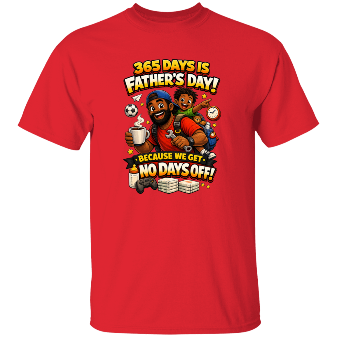 Red t-shirt with Father's Day graphic and text on a white background