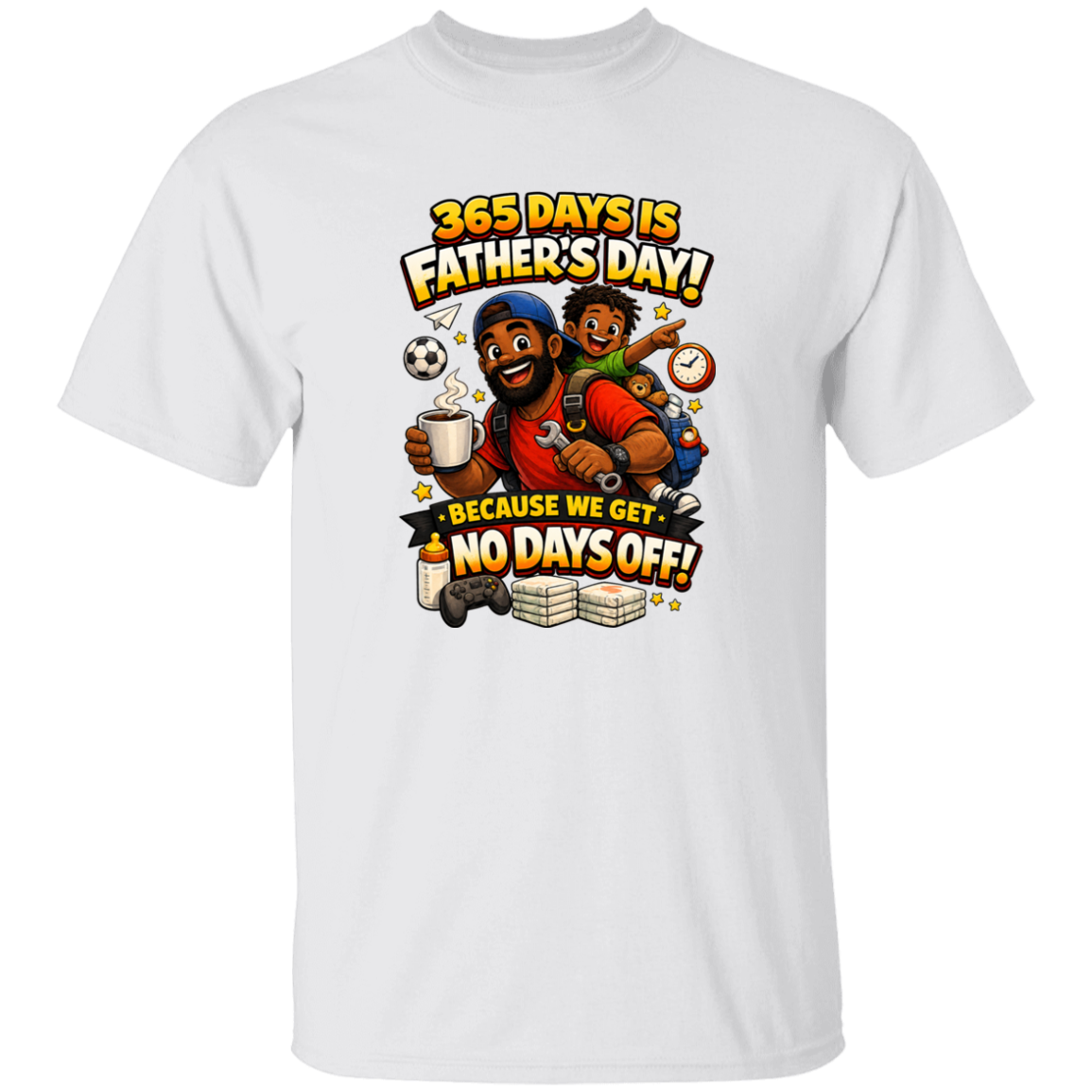 White t-shirt with Father's Day graphic featuring cartoon characters and text.