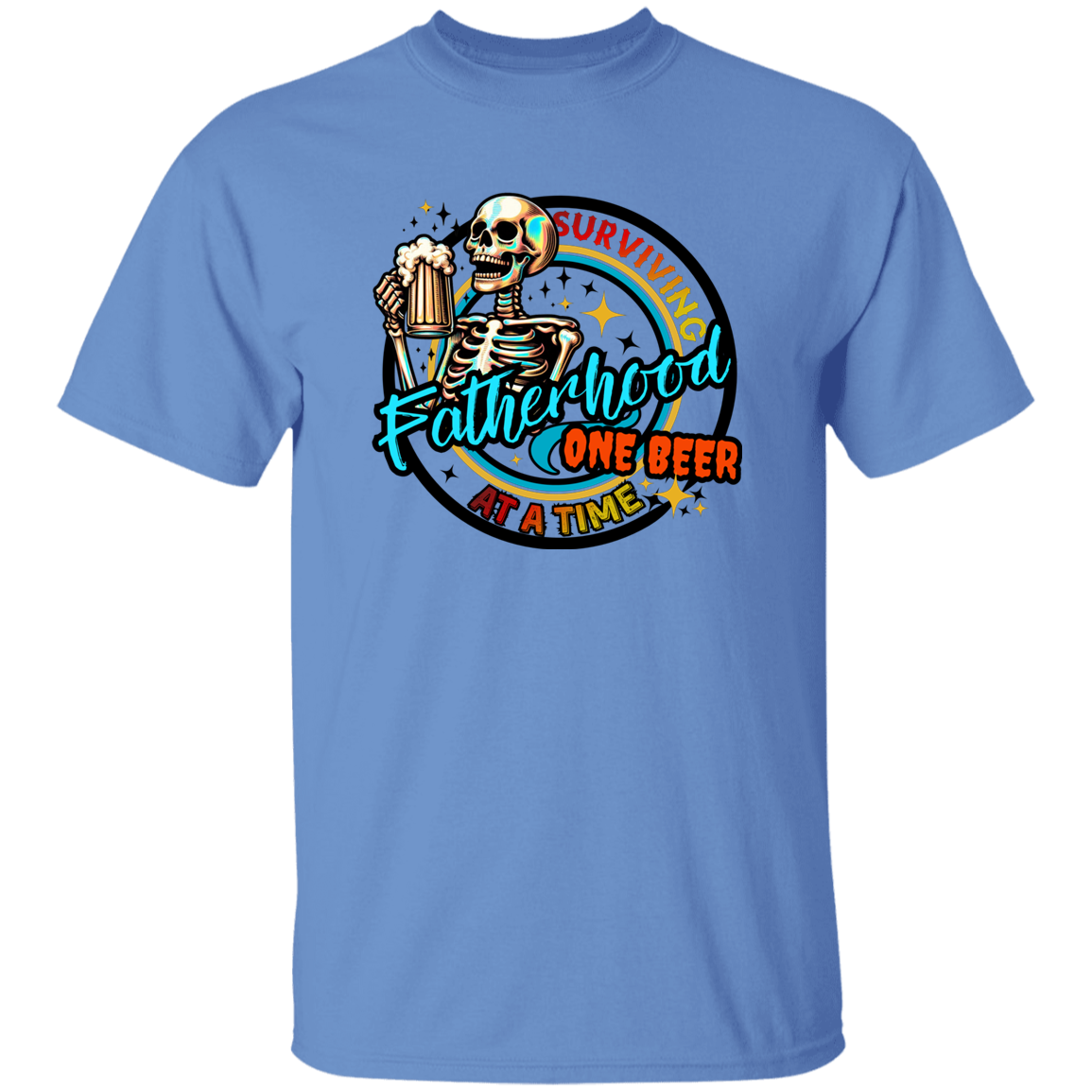 Blue t-shirt with a skeleton holding a beer and text graphic on a white background