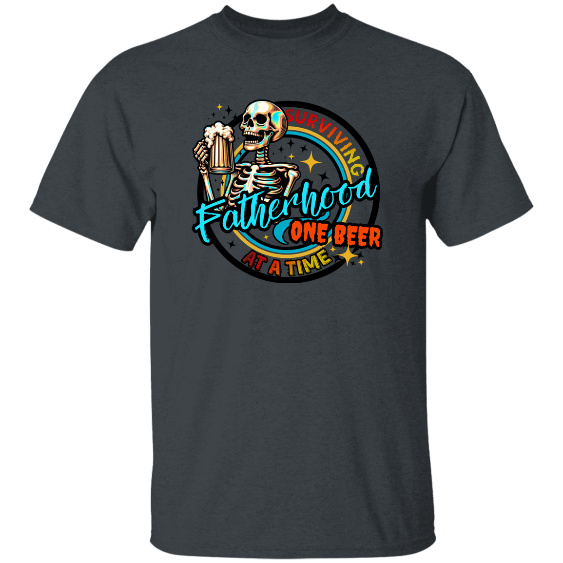Dark gray t-shirt with a skeleton holding a beer and text graphic on a white background