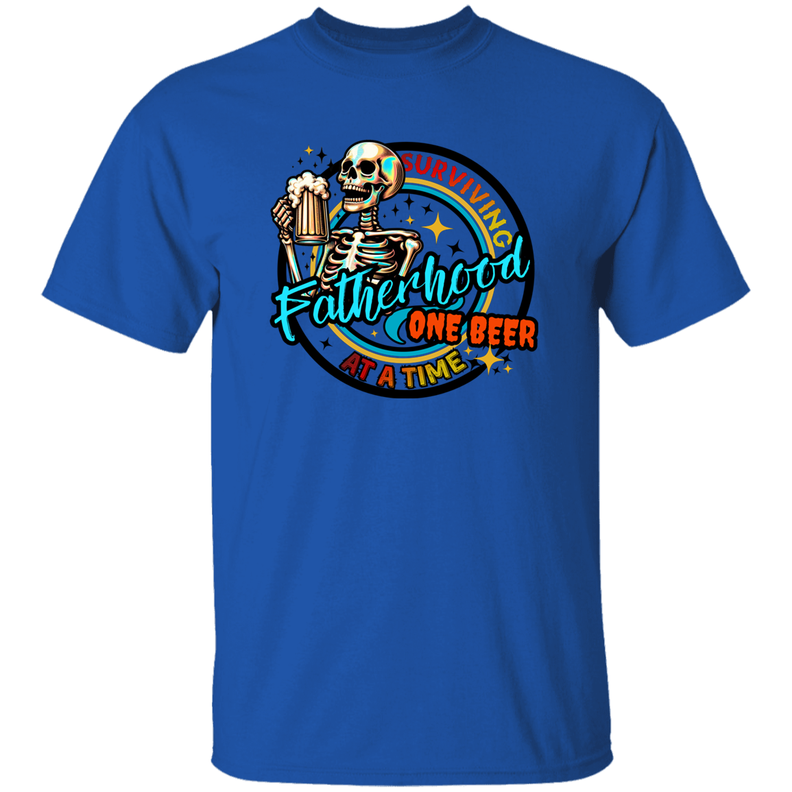 Caroline blue t shirt with a skeleton holding a beer and text 'Survived Fatherhood One Beer at a Time' on a white background