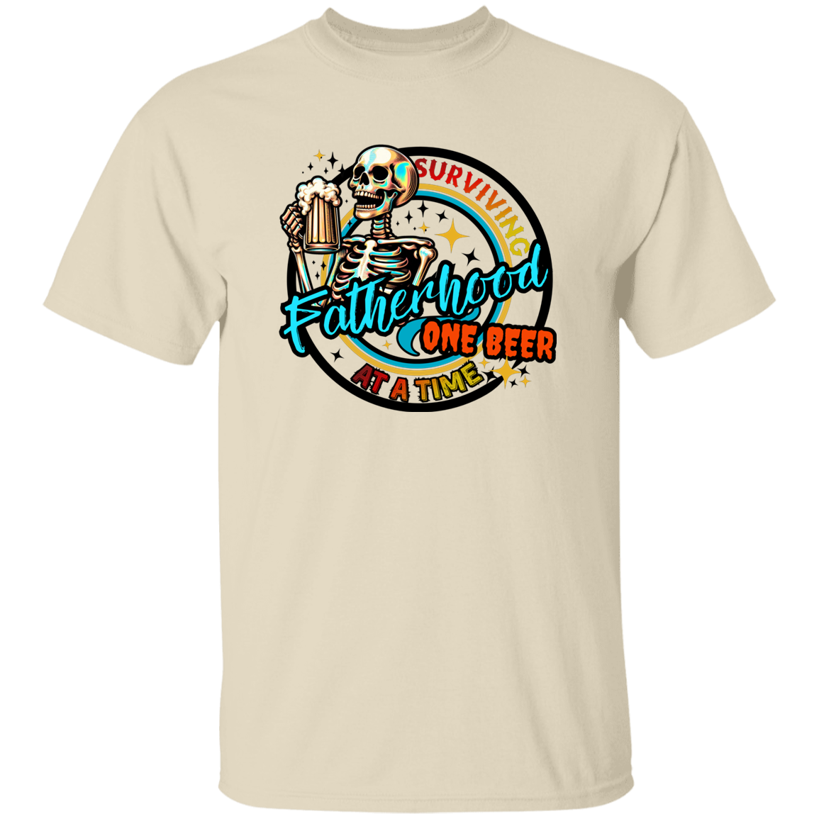 Beige t-shirt with a skeleton holding a beer and text 'Survived Fatherhood One Beer At A Time' on a white background