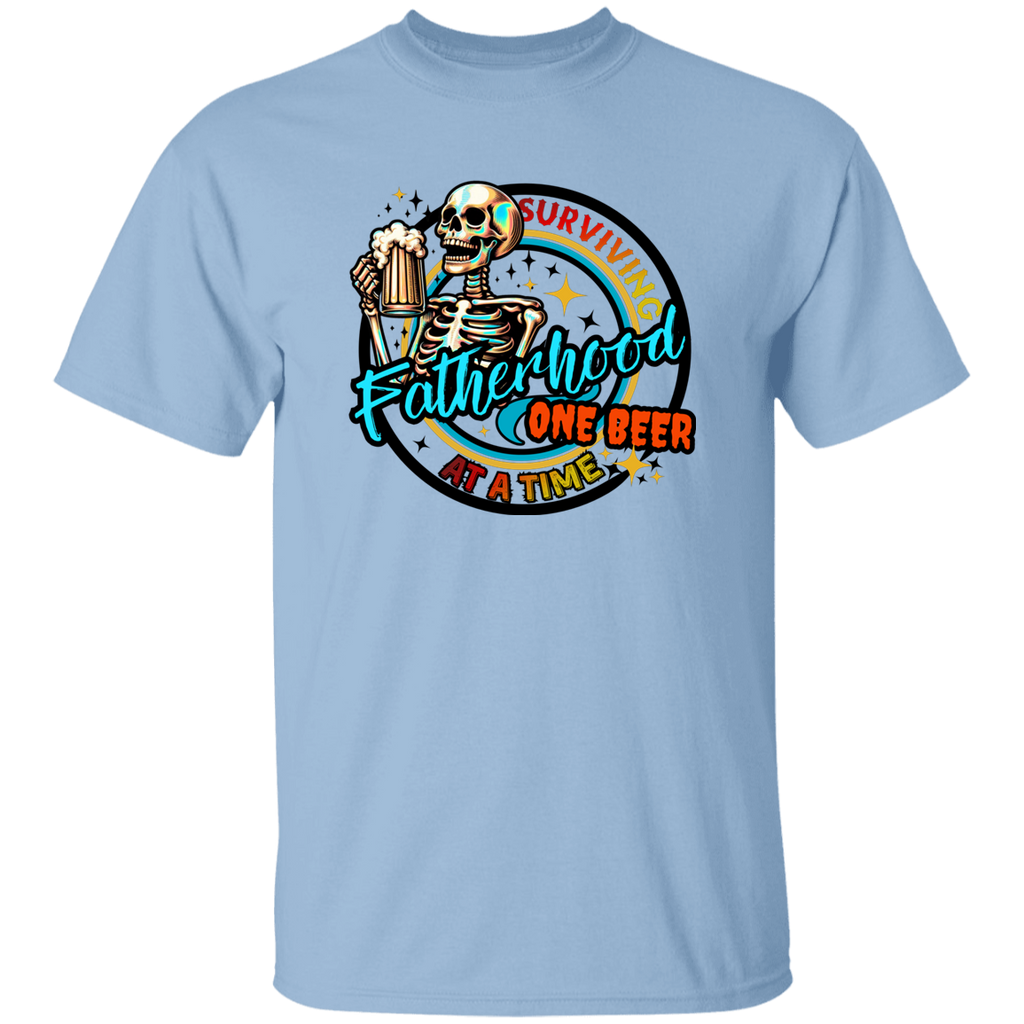 Light blue t-shirt with a skeleton holding a beer and text on a white background