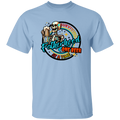 Light blue t-shirt with a skeleton holding a beer and text on a white background