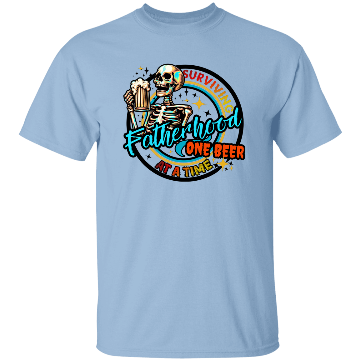Light blue t-shirt with a skeleton holding a beer and text on a white background