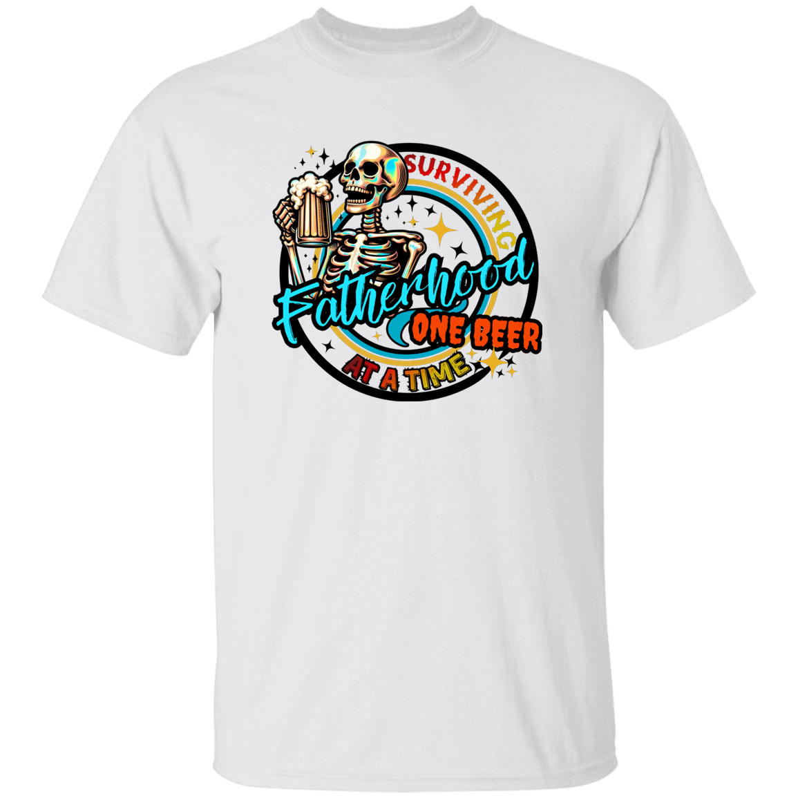White t-shirt with a skeleton holding a beer and text 'Survived Fatherhood One Beer at a Time' on a white background