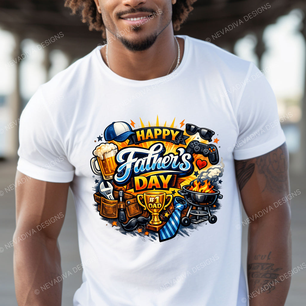 Man wearing a white t-shirt with a colorful 'Happy Father's Day' design.