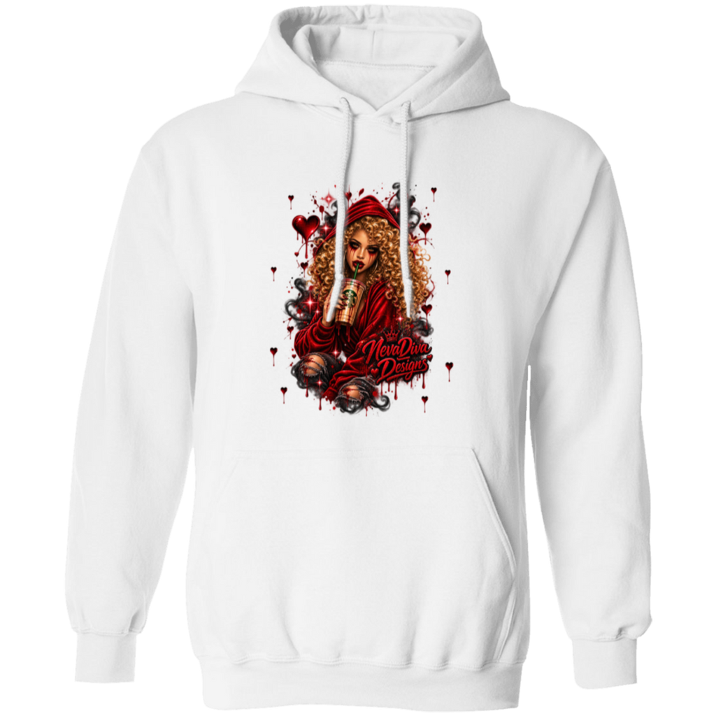 A white pullover hoodie with a large graphic print on the front featuring a stylized woman with long curly hair, red clothing, and the text 'NevaDiva Designs' in red lettering.