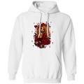 A white pullover hoodie with a large graphic print on the front featuring a stylized woman with long curly hair, red clothing, and the text 'NevaDiva Designs' in red lettering.