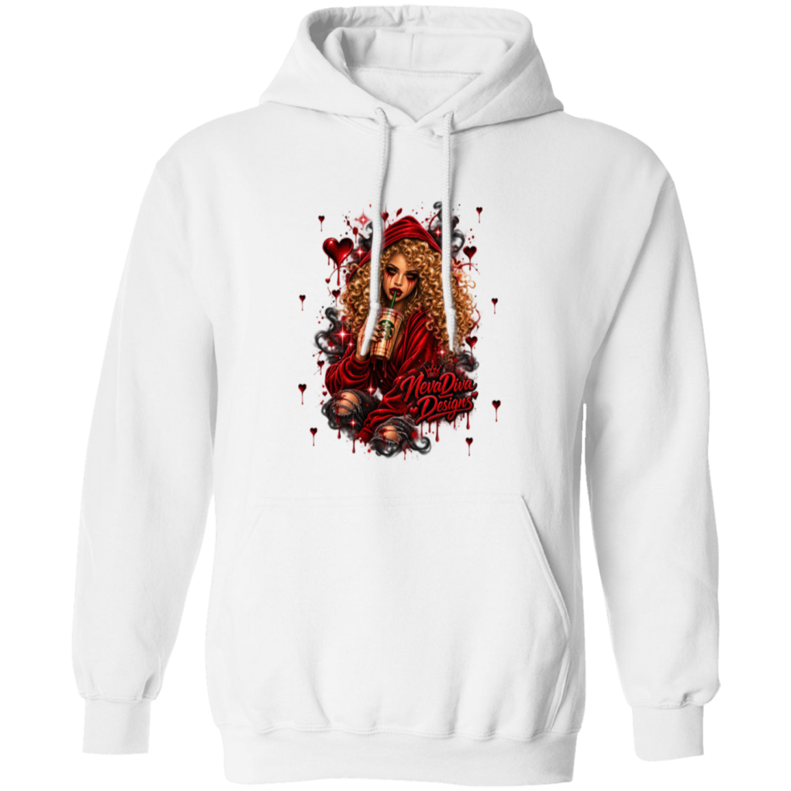 A white pullover hoodie with a large graphic print on the front featuring a stylized woman with long curly hair, red clothing, and the text 'NevaDiva Designs' in red lettering.