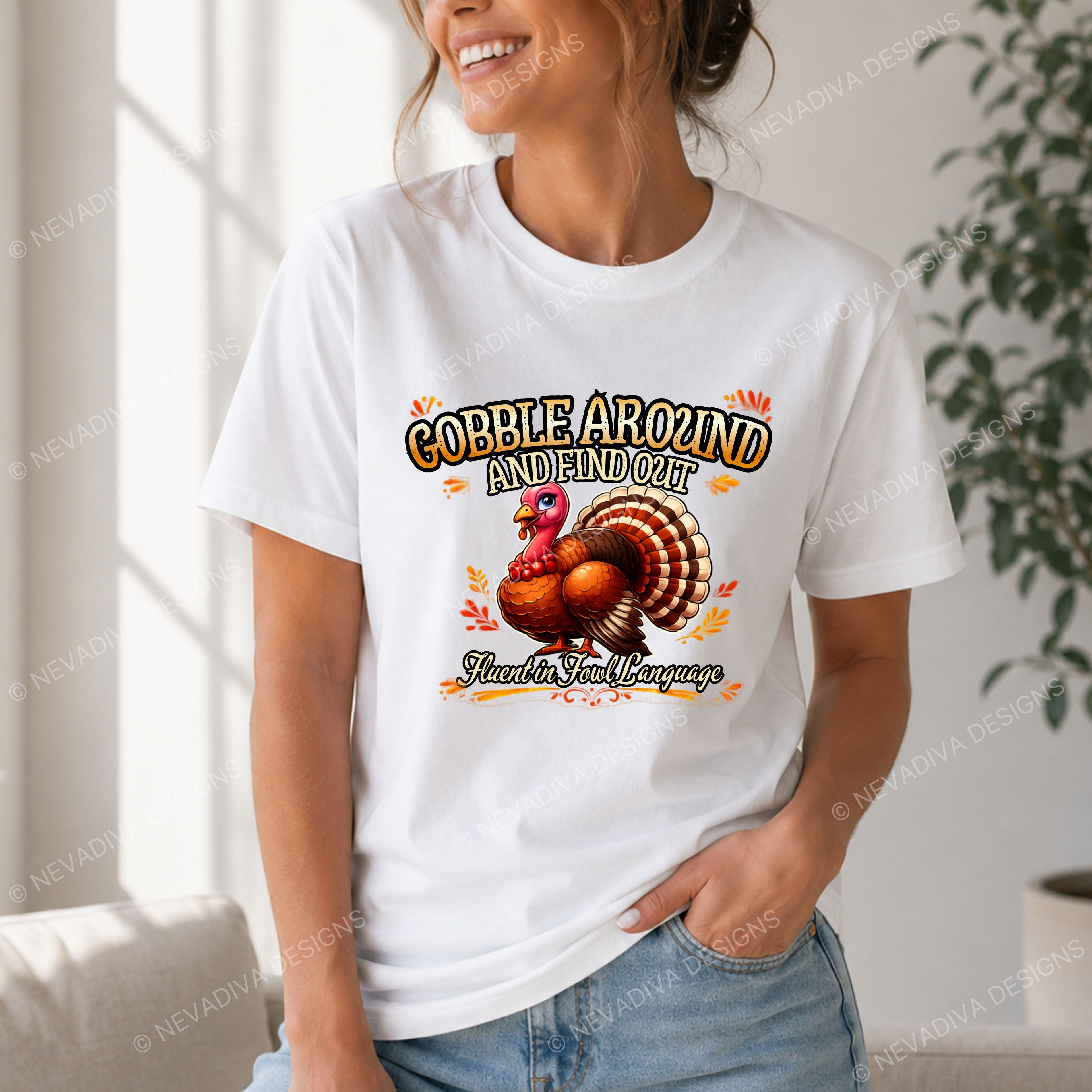 Person wearing a white t-shirt with a turkey graphic and text in a home setting