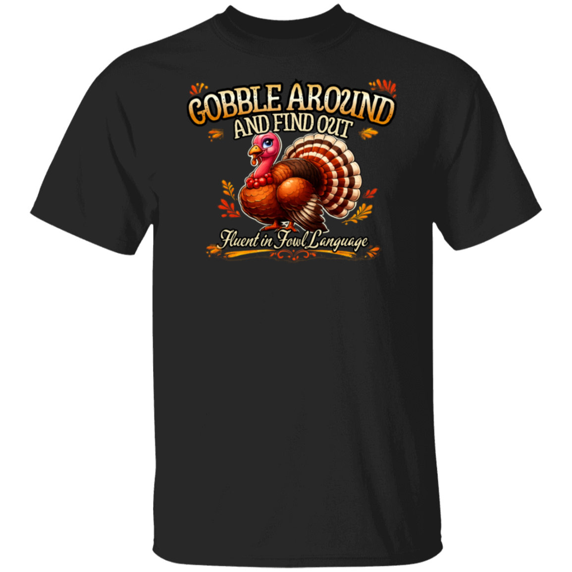 Black t-shirt with a turkey graphic and text on a white background