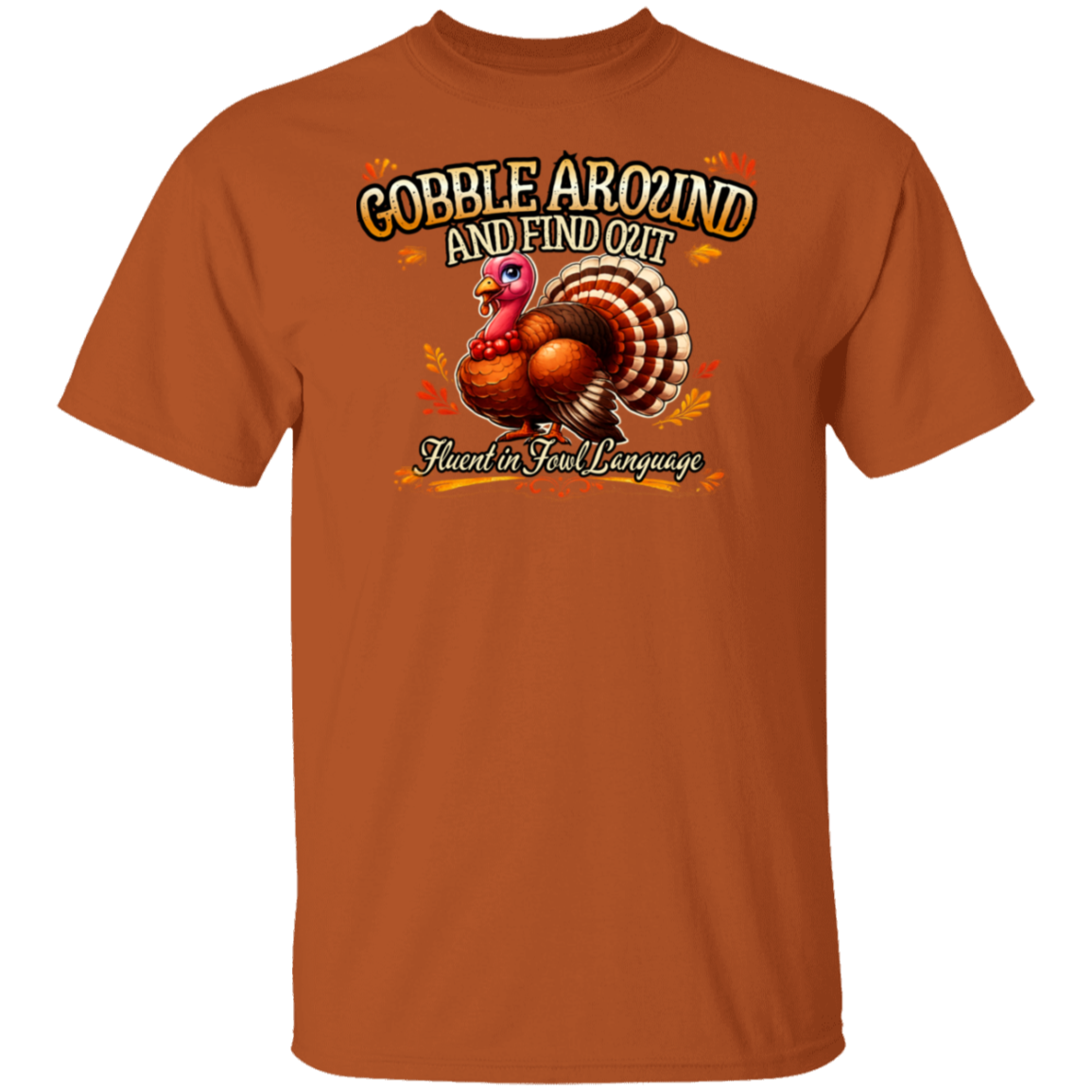 Brown t-shirt with a turkey graphic and text on a white background
