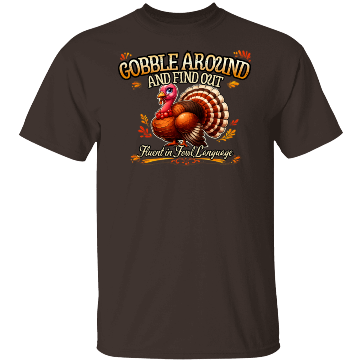 Brown t-shirt with a turkey graphic and text on a white background