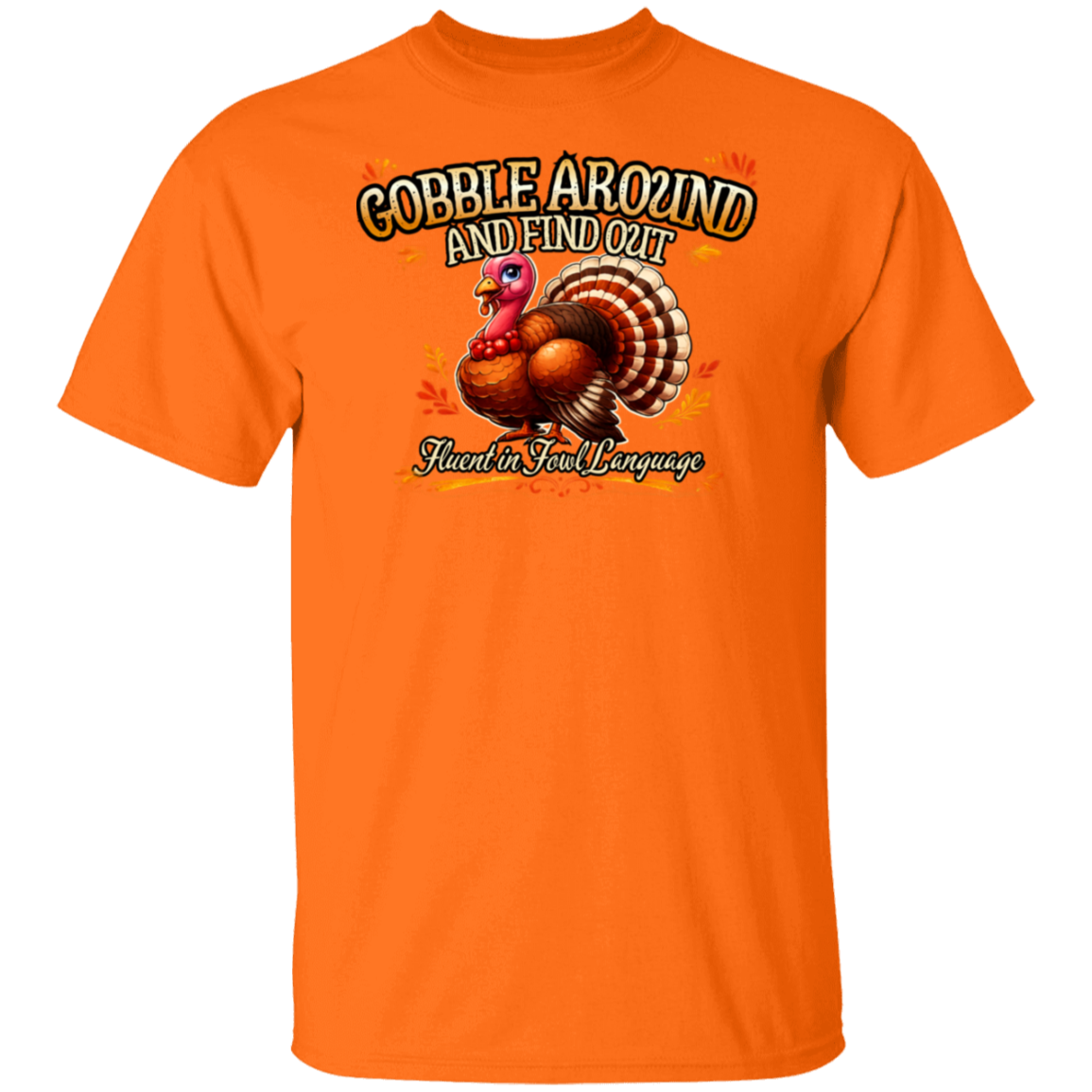 Orange t-shirt with a turkey graphic and text on a white background