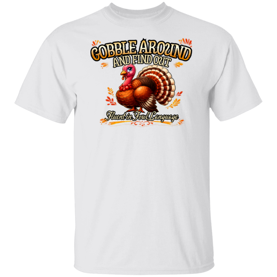 White t-shirt with a turkey graphic and text on a white background