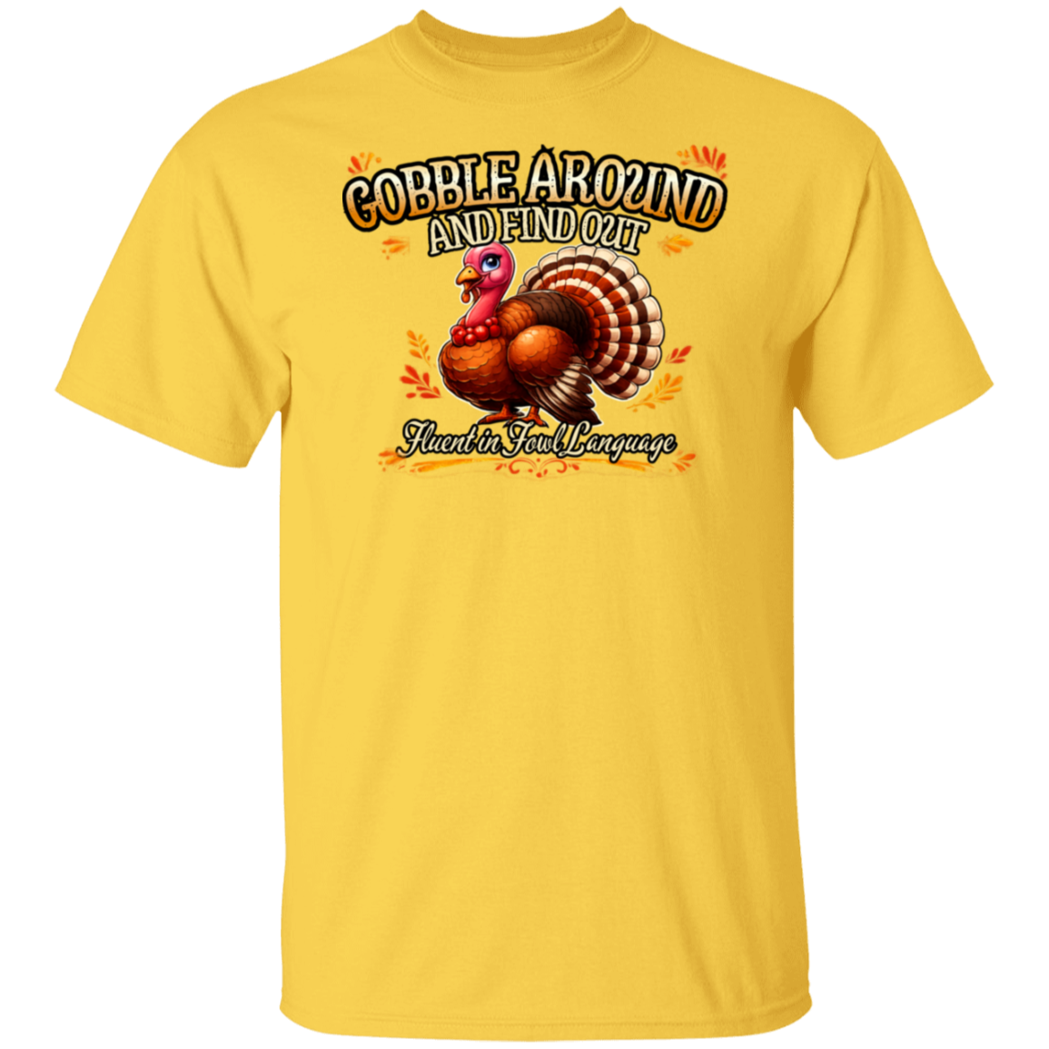 Yellow t-shirt with a turkey graphic and text on a white background