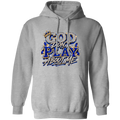 A light gray pullover hoodie with a front graphic that reads 'GOD DON'T PLAY ABOUT ME' in stylized blue, white, and gold lettering, shown on a plain white background.