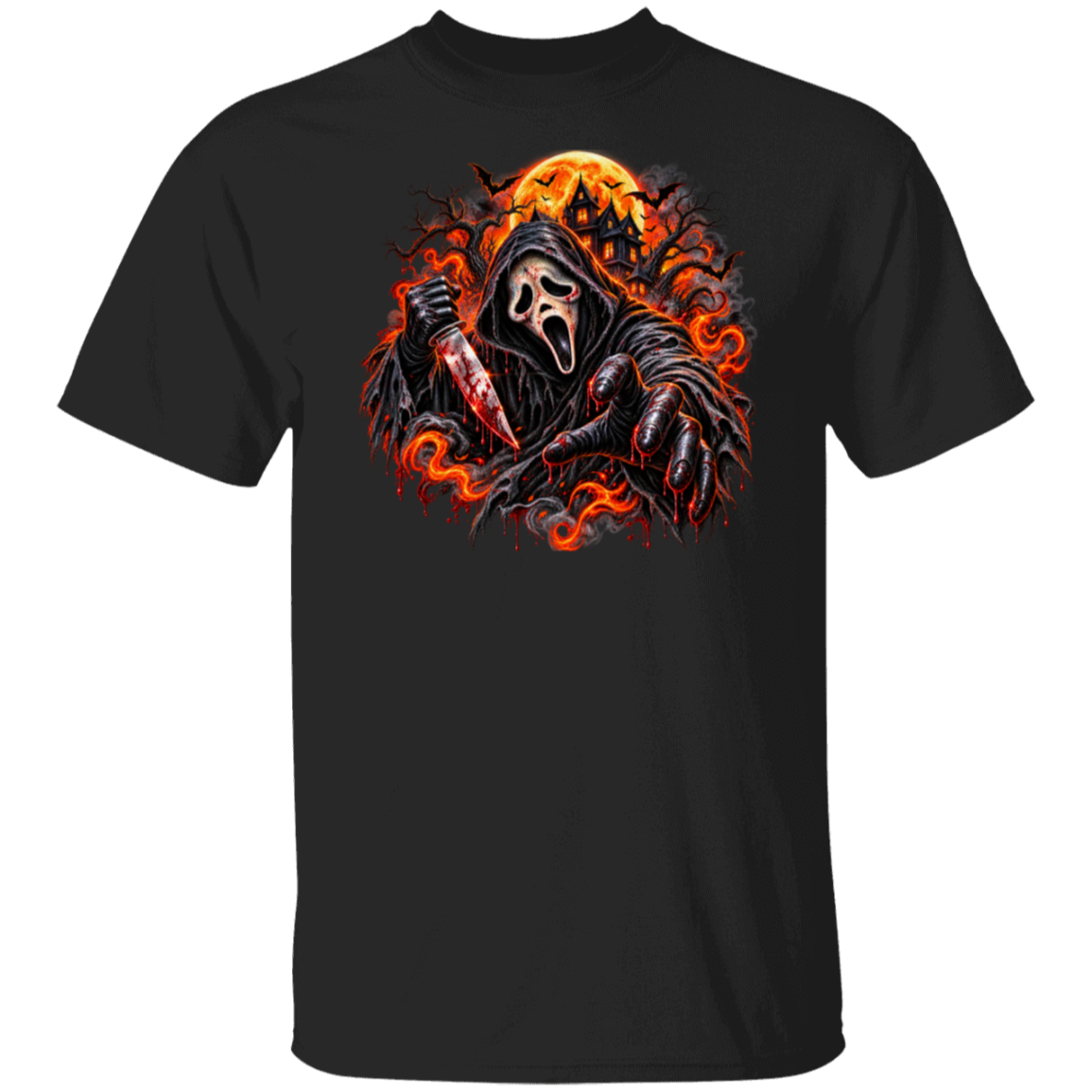 A black short-sleeve crewneck t-shirt featuring a large graphic print of the Ghostface character from the Scream franchise, set against a plain white background.
