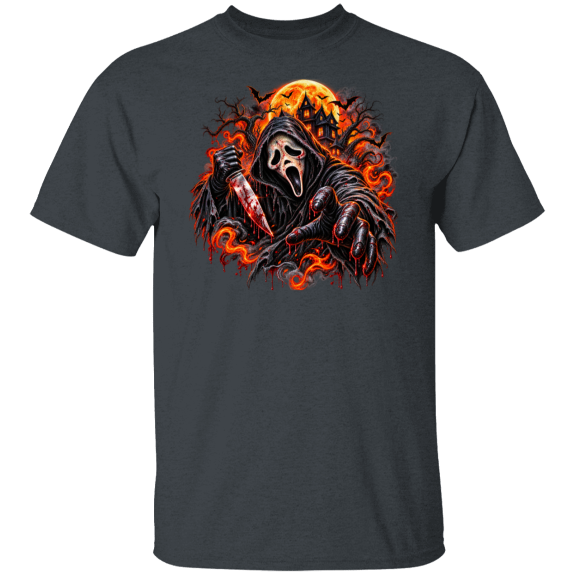 A dark charcoal gray short-sleeve t-shirt featuring a large graphic print of the Ghostface character from the Scream franchise, holding a bloody knife with a full moon and flames in the background.