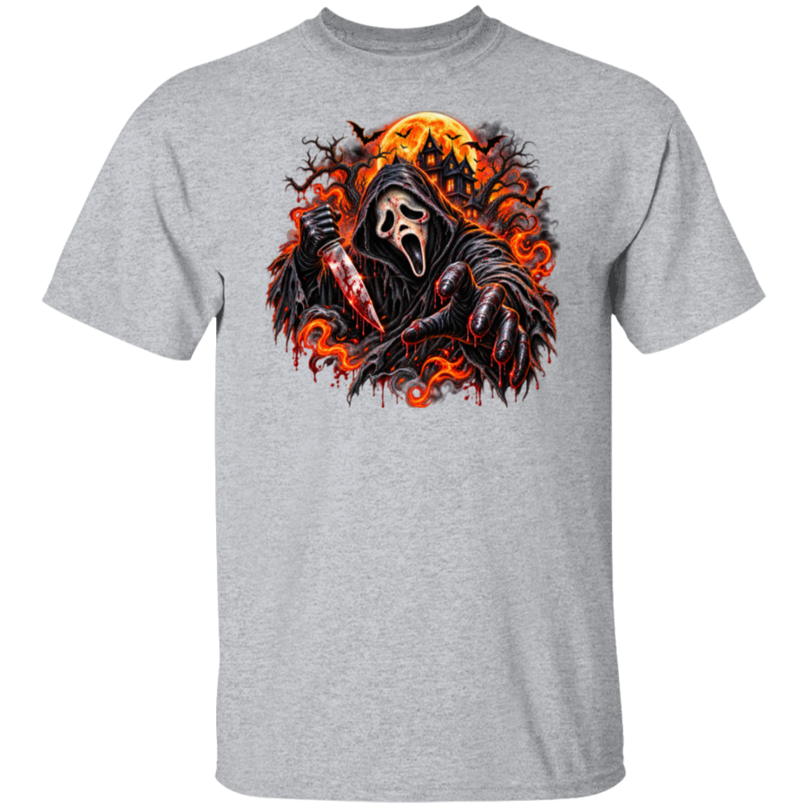 A heather gray short-sleeve crewneck t-shirt featuring a large graphic print of the Ghostface character from the Scream franchise, holding a bloody knife with a large orange full moon and red flames in the background.