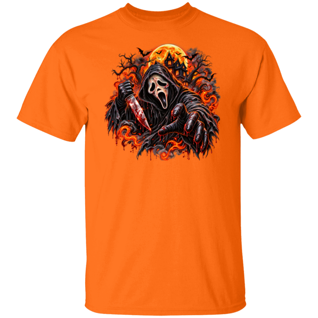 An orange short-sleeve crewneck t-shirt featuring a large graphic print of the Ghostface character from the Scream franchise, holding a bloody knife with a full moon and fiery background.