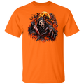 An orange short-sleeve crewneck t-shirt featuring a large graphic print of the Ghostface character from the Scream franchise, holding a bloody knife with a full moon and fiery background.