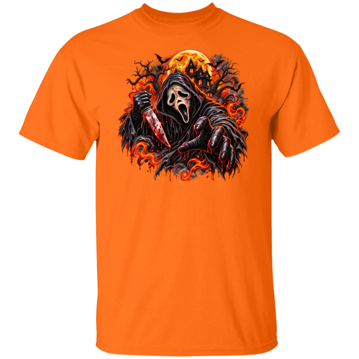 An orange short-sleeve crewneck t-shirt featuring a large graphic print of the Ghostface character from the Scream franchise, holding a bloody knife with a full moon and fiery background.