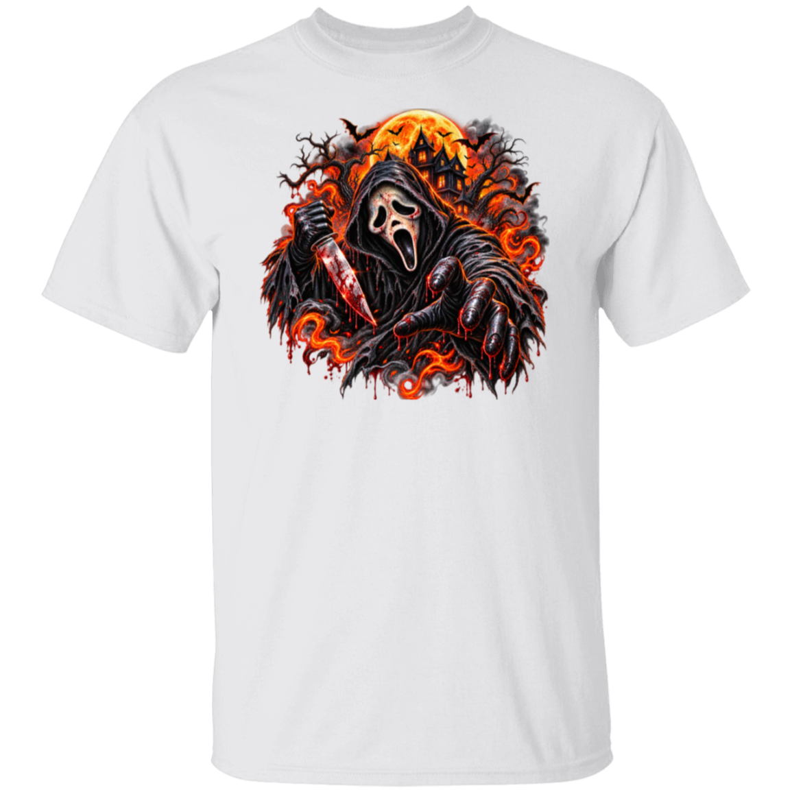 A white short-sleeve crewneck t-shirt featuring a large graphic print of the Ghostface character from the Scream franchise, holding a bloody knife with a fiery orange and black background.