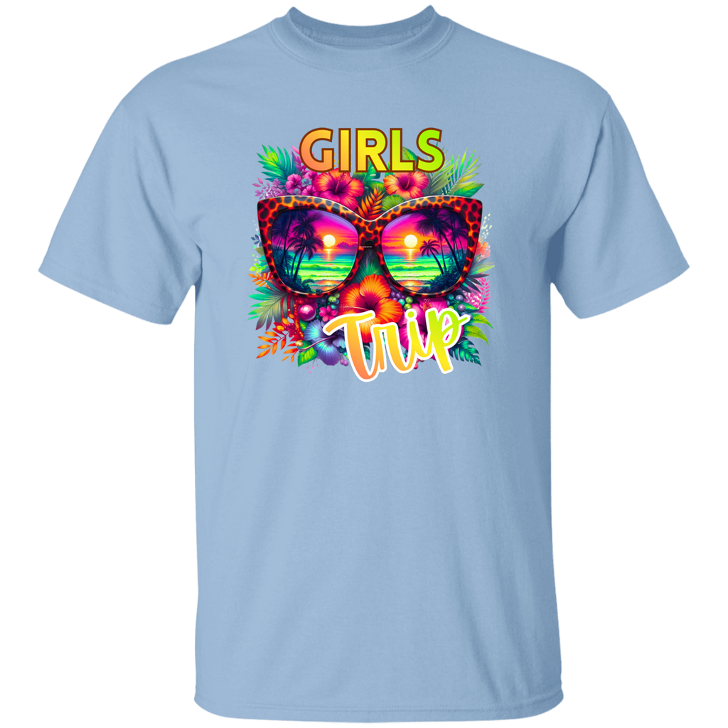 Light blue t-shirt with colorful sunglasses and 'Girls Trip' text design on a white background