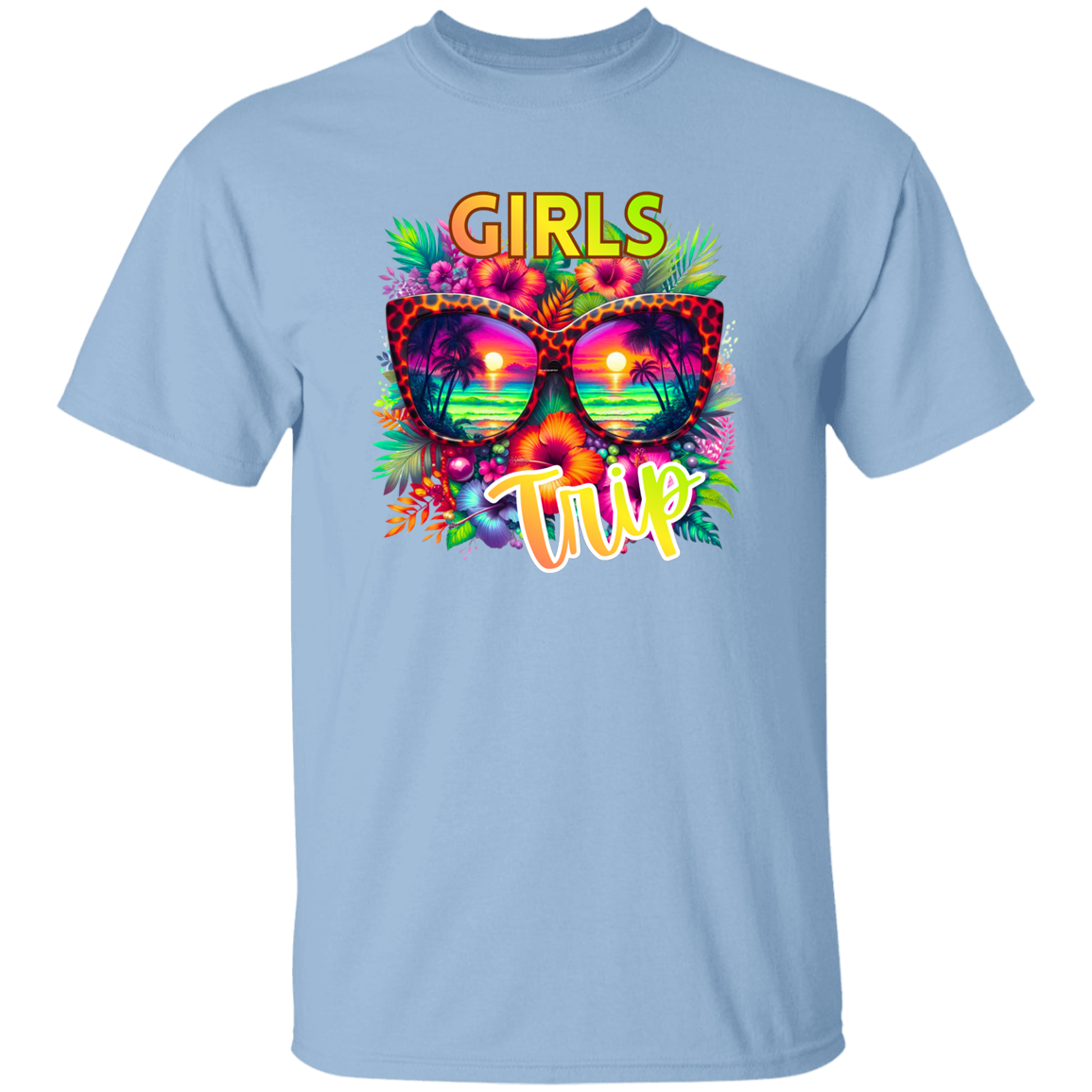 Light blue t-shirt with colorful sunglasses and 'Girls Trip' text design on a white background