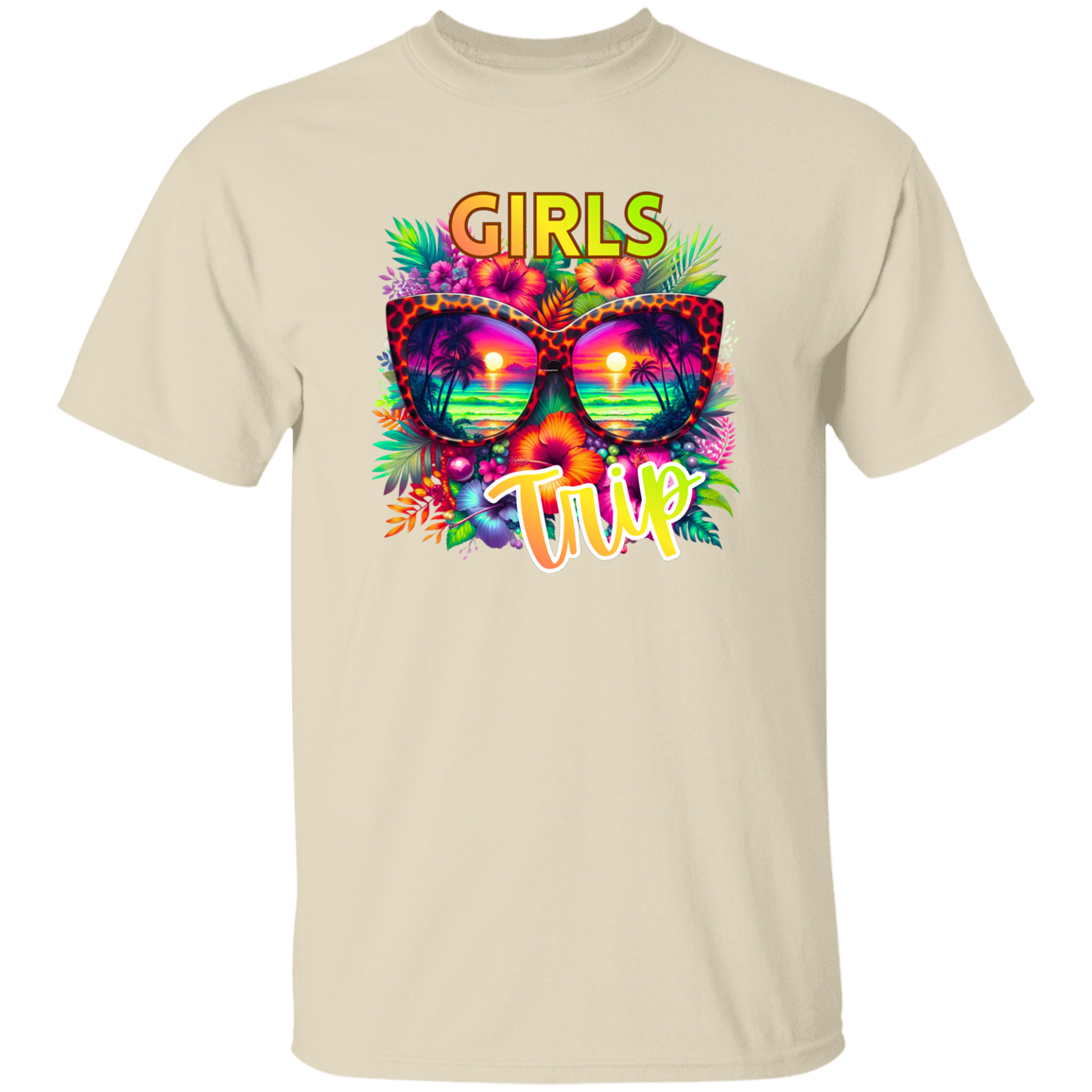 Beige t-shirt with green text and shamrock graphics on a white background