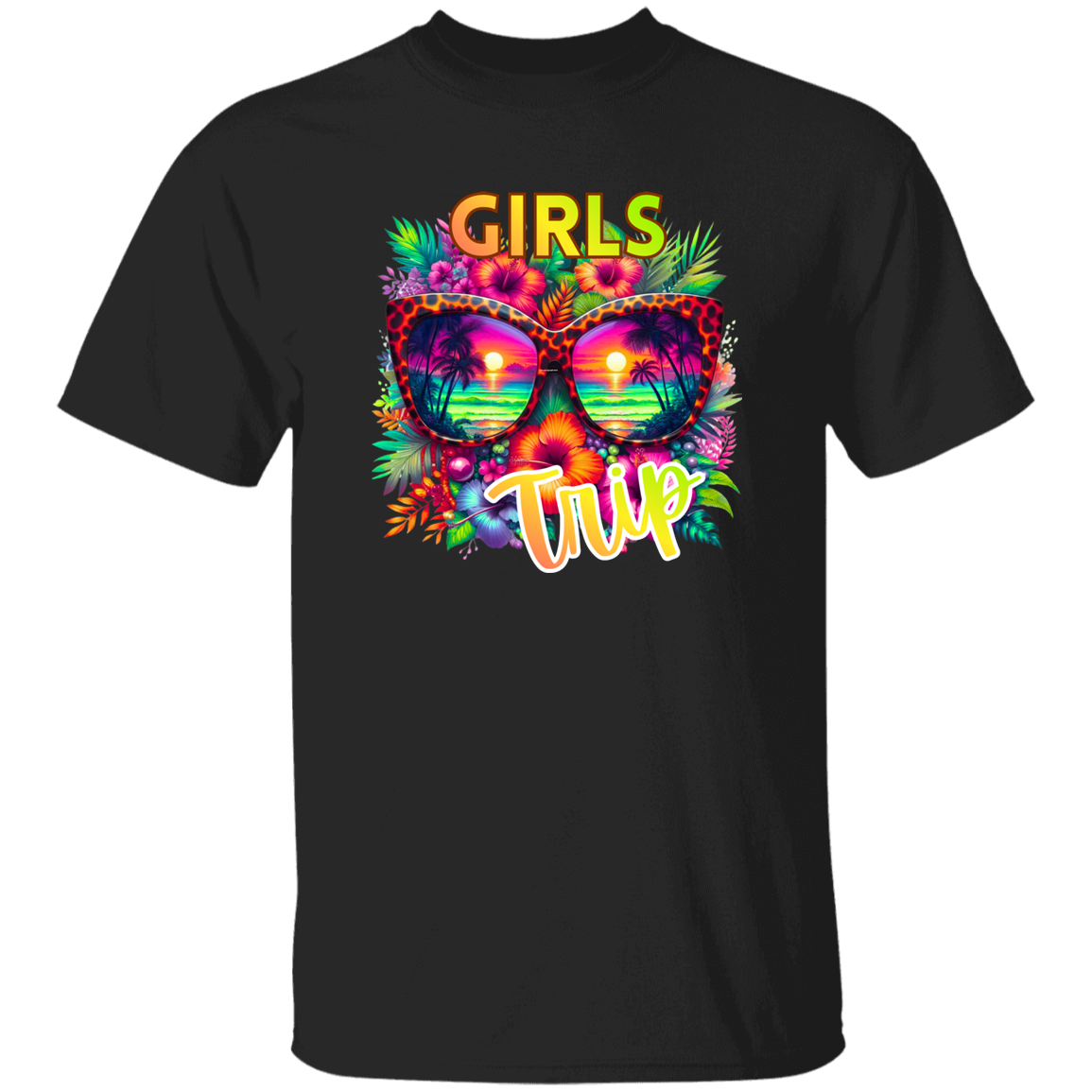 Black t-shirt with colorful sunglasses and 'Girls Trip' text design on a white background
