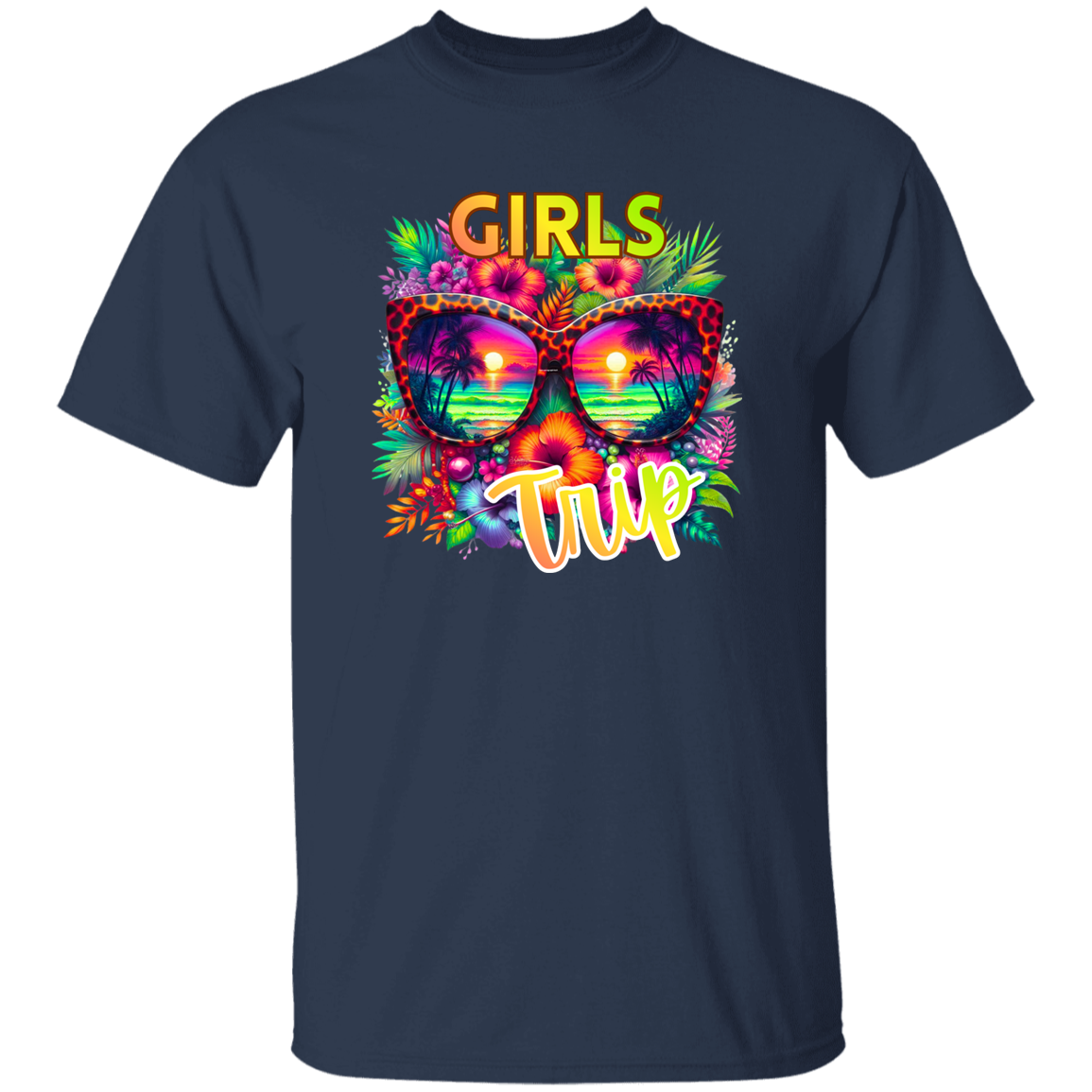 Navy blue t-shirt with colorful sunglasses and 'GIRLS TRIP' text design on a white background