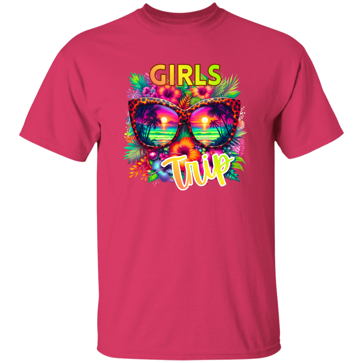 Pink t-shirt with colorful sunglasses and 'GIRLS TRIP' text design on a white background