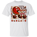 A white short-sleeve crewneck t-shirt featuring a colorful Thanksgiving-themed graphic print on the front. The graphic shows a cartoon pie eating a maze with the text 'Gobble T-You Webble!' and illustrations of turkeys, pumpkins, and pie slices.