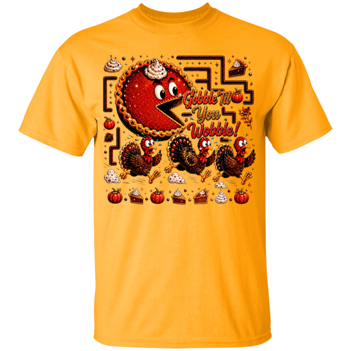 A bright yellow short-sleeve crewneck t-shirt featuring a colorful retro pixel-art Thanksgiving graphic on the chest. The graphic shows a pie character eating cookies, two turkeys, pumpkins, and the text ' gobble up your webs!'.
