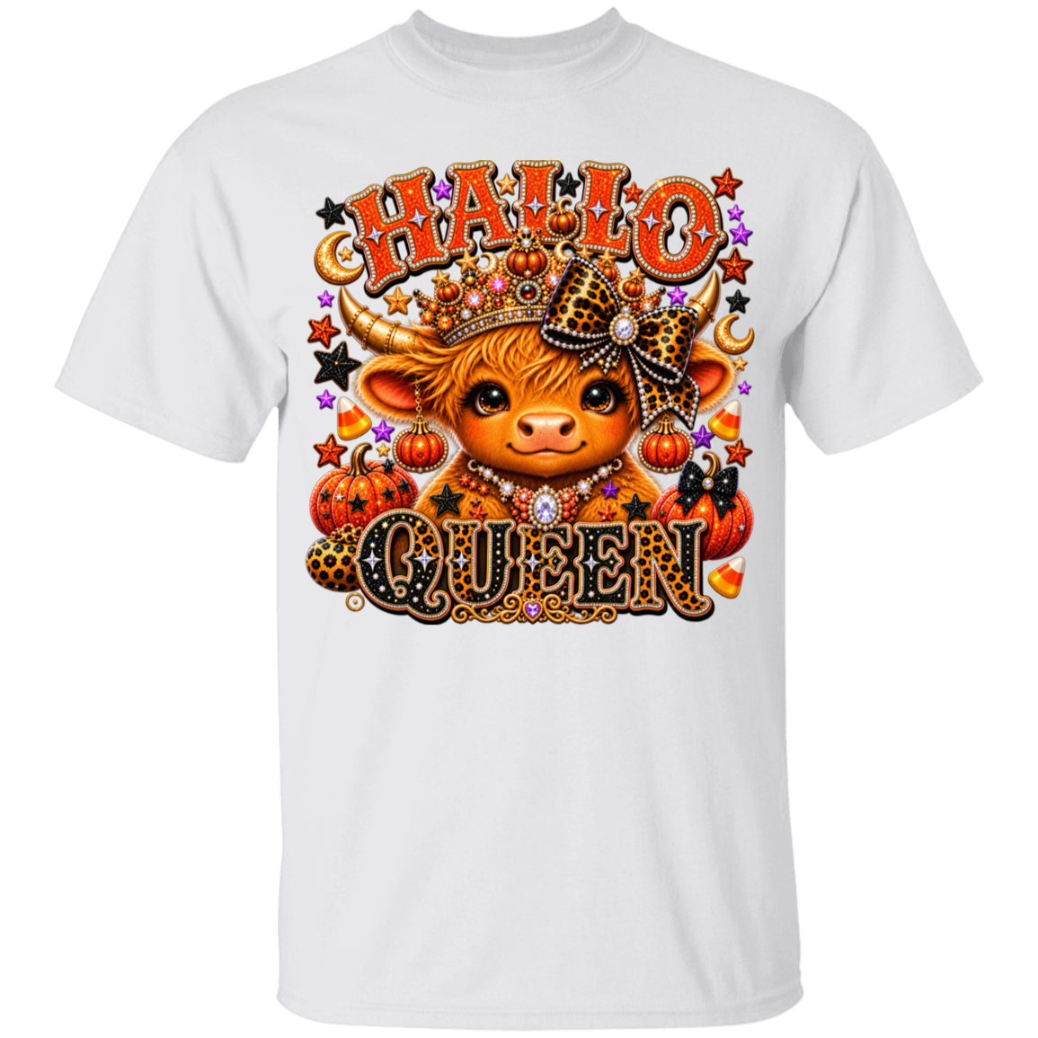 A white short-sleeve crewneck t-shirt featuring a large graphic print on the front. The graphic displays a cute cartoon Scottish Highland cow wearing a leopard-print crown and accessories, surrounded by pumpkins, stars, and the text 'HALLO QUEEN' in a decorative orange and leopard-print font.