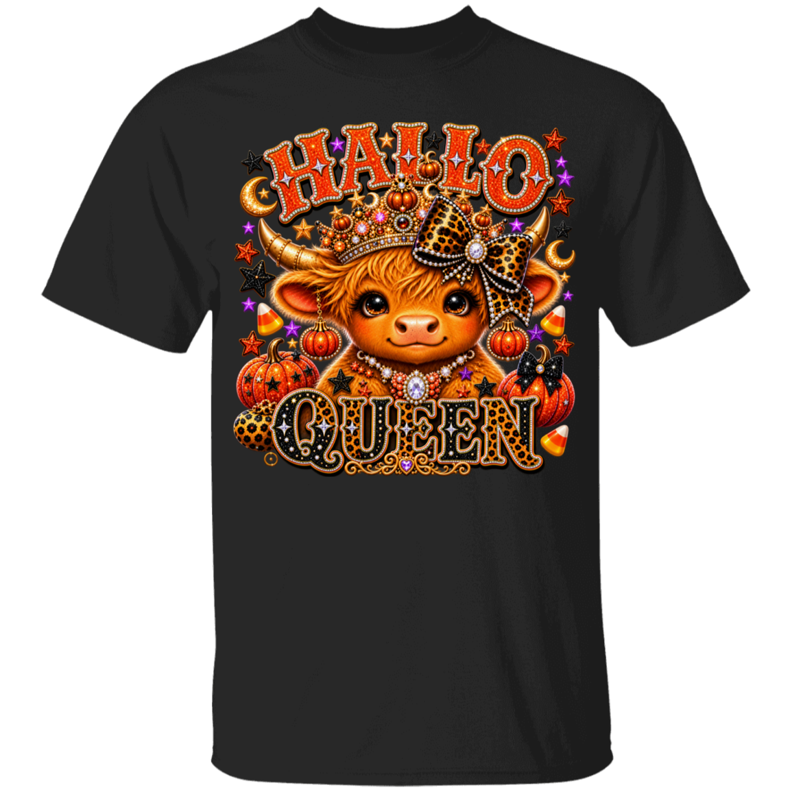 A black short-sleeve crewneck t-shirt featuring a large graphic print of a cute cartoon cow wearing a leopard-print crown and surrounded by pumpkins, stars, and candy corn, with the text 'HALLO QUEEN'.