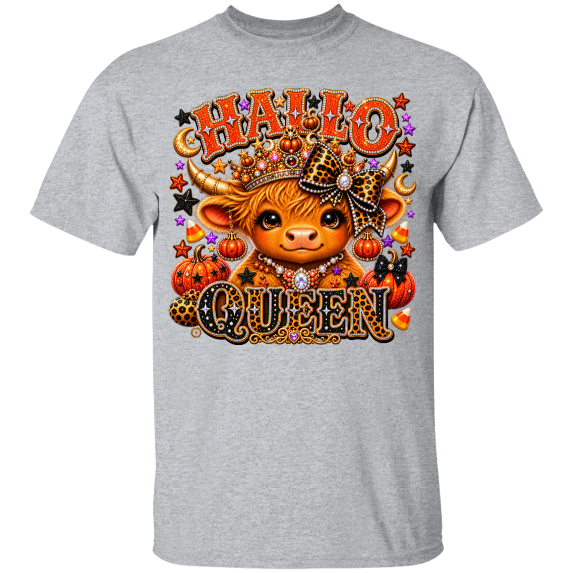 A heather gray short-sleeve crewneck t-shirt featuring a large graphic print of a cute cartoon bull wearing a leopard-print crown, surrounded by pumpkins, stars, and the words 'HALLO' and 'QUEEN' in decorative orange lettering.