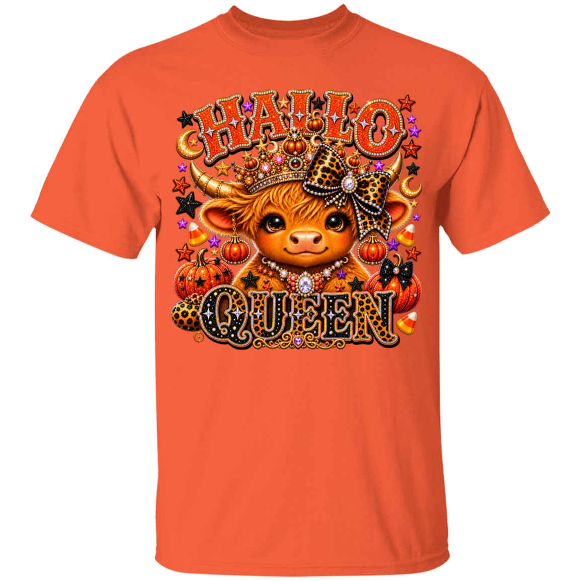 A bright orange crewneck t-shirt featuring a detailed graphic print of a cute cartoon bull wearing a leopard-print crown and surrounded by pumpkins, stars, and the words 'HALLO QUEEN' in a decorative font.